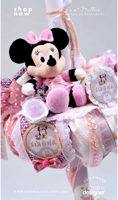Lumanare cu Minnie Mouse Racer personalizata cu paiete roz si lila 1